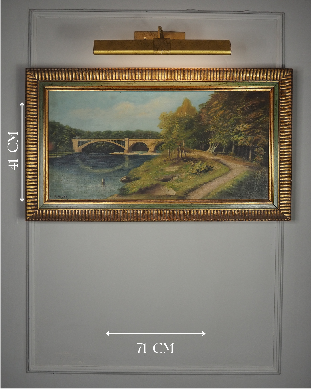 English Landscape Oil Painting by R.Nicol– Lower Hodder Bridge Scene Gold & Green Frame