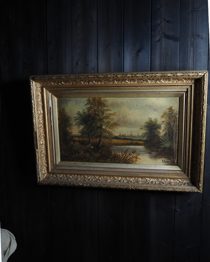 Antique Oil Painting River Landscape Signed R. Hully | Victorian Ornate Gold Gesso Frame