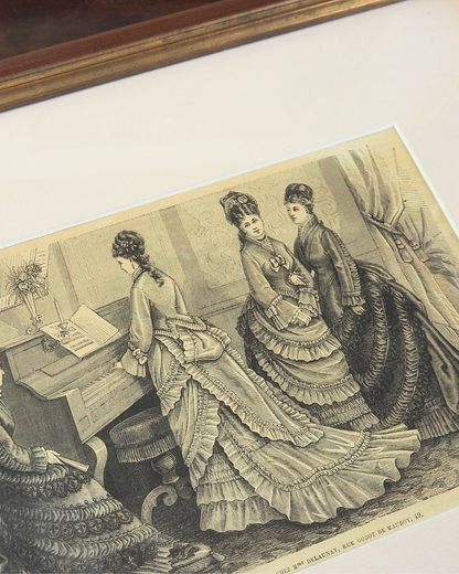 Pair of Antique French Fashion Engraved Newspaper Prints -Paris Couture Wall Art