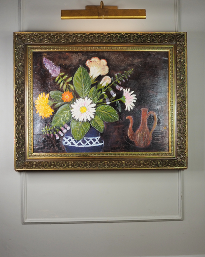 Large Vintage Floral Oil Painting in Antique Gold Heavy Frame (72 × 57 cm)