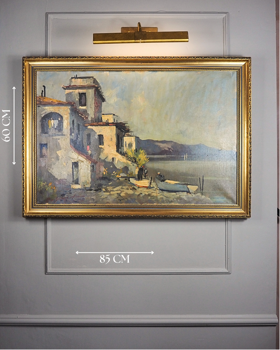 Vintage Mediterranean Coastal Oil Painting, Italian Seaside Village Art