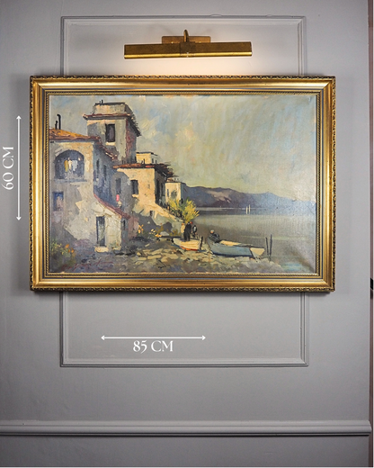 Vintage Mediterranean Coastal Oil Painting, Italian Seaside Village Art