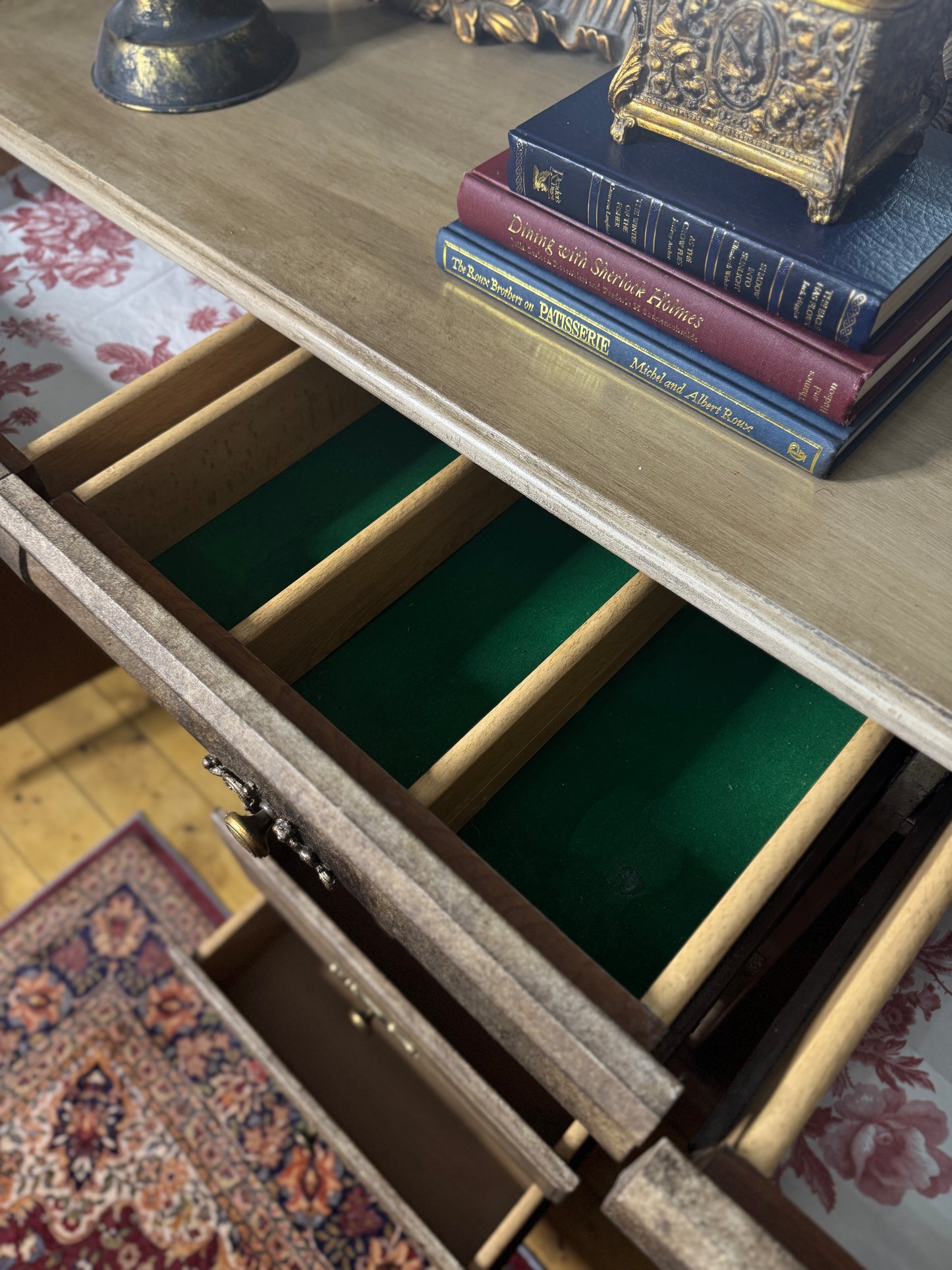 Vintage French-Inspired Upcycled Sideboard | Heavily Distressed 7-Drawer + 2 Cabinet Buffet with Original Brass Handles