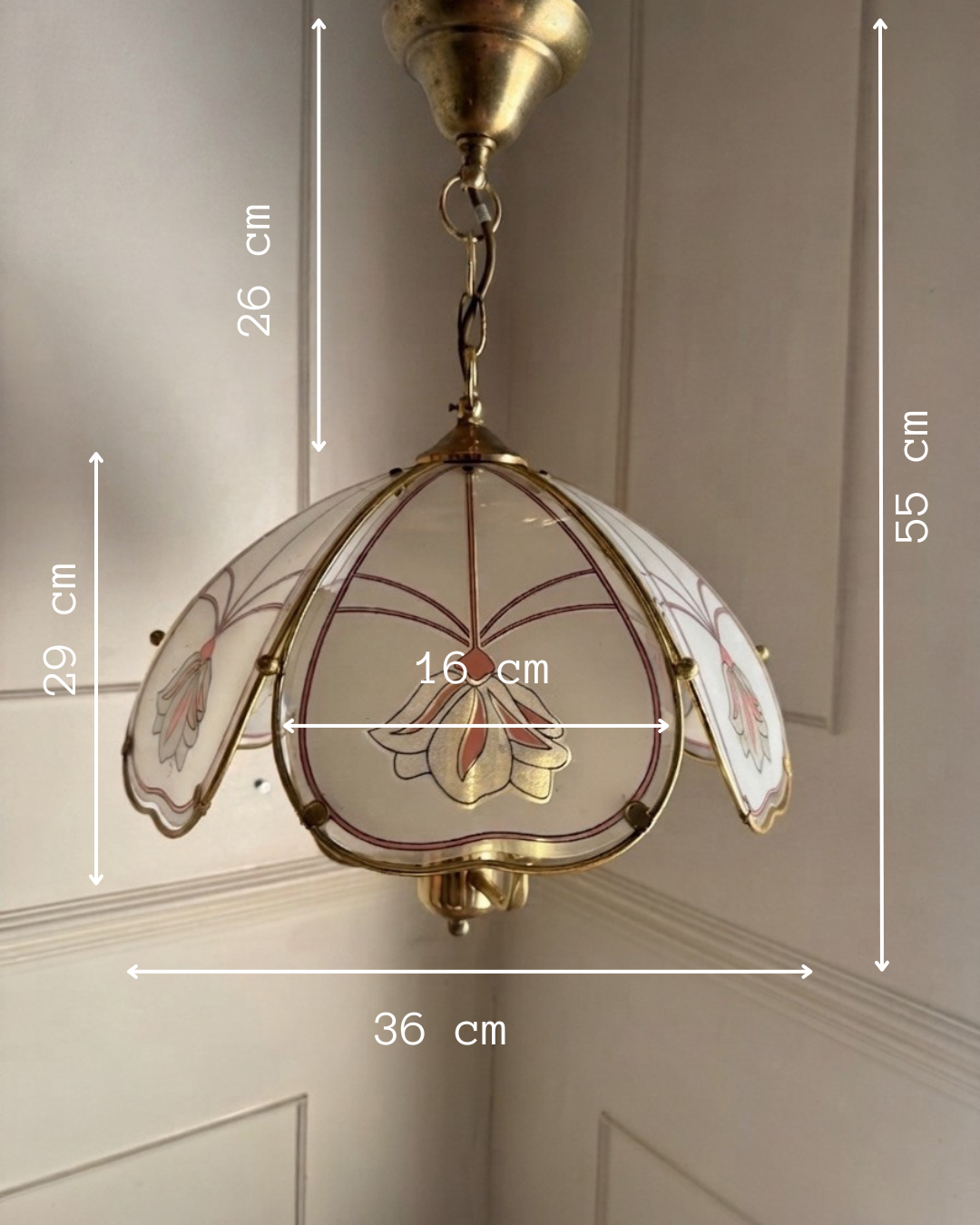 Vintage 1980s Retro  Art Nouveau 3 Light Tulip Floral Brass & Frosted Glass Pendant Light