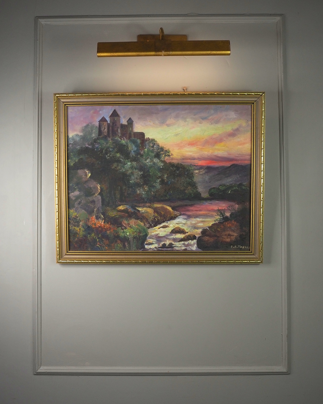 Vintage Medieval Castle River Scene Oil Painting by F.A. Turner