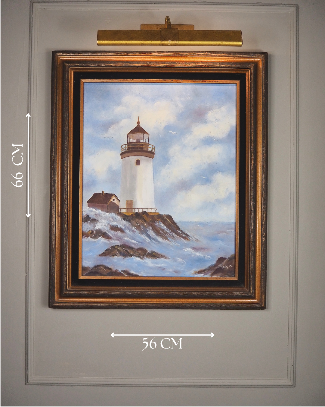 Vintage Lighthouse Oil Painting Signed Mary C, Framed Coastal Seascape Art