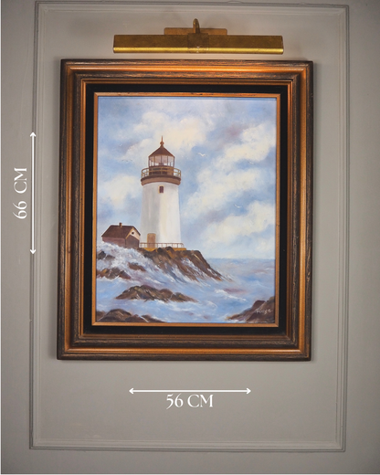 Vintage Lighthouse Oil Painting Signed Mary C, Framed Coastal Seascape Art