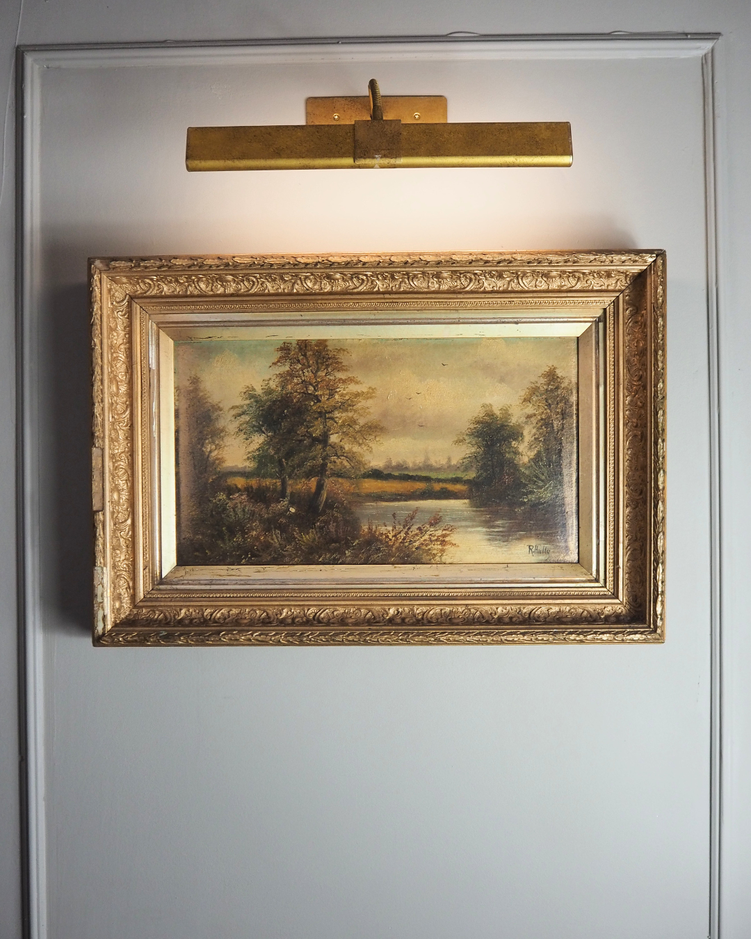 Antique Oil Painting River Landscape Signed R. Hully | Victorian Ornate Gold Gesso Frame