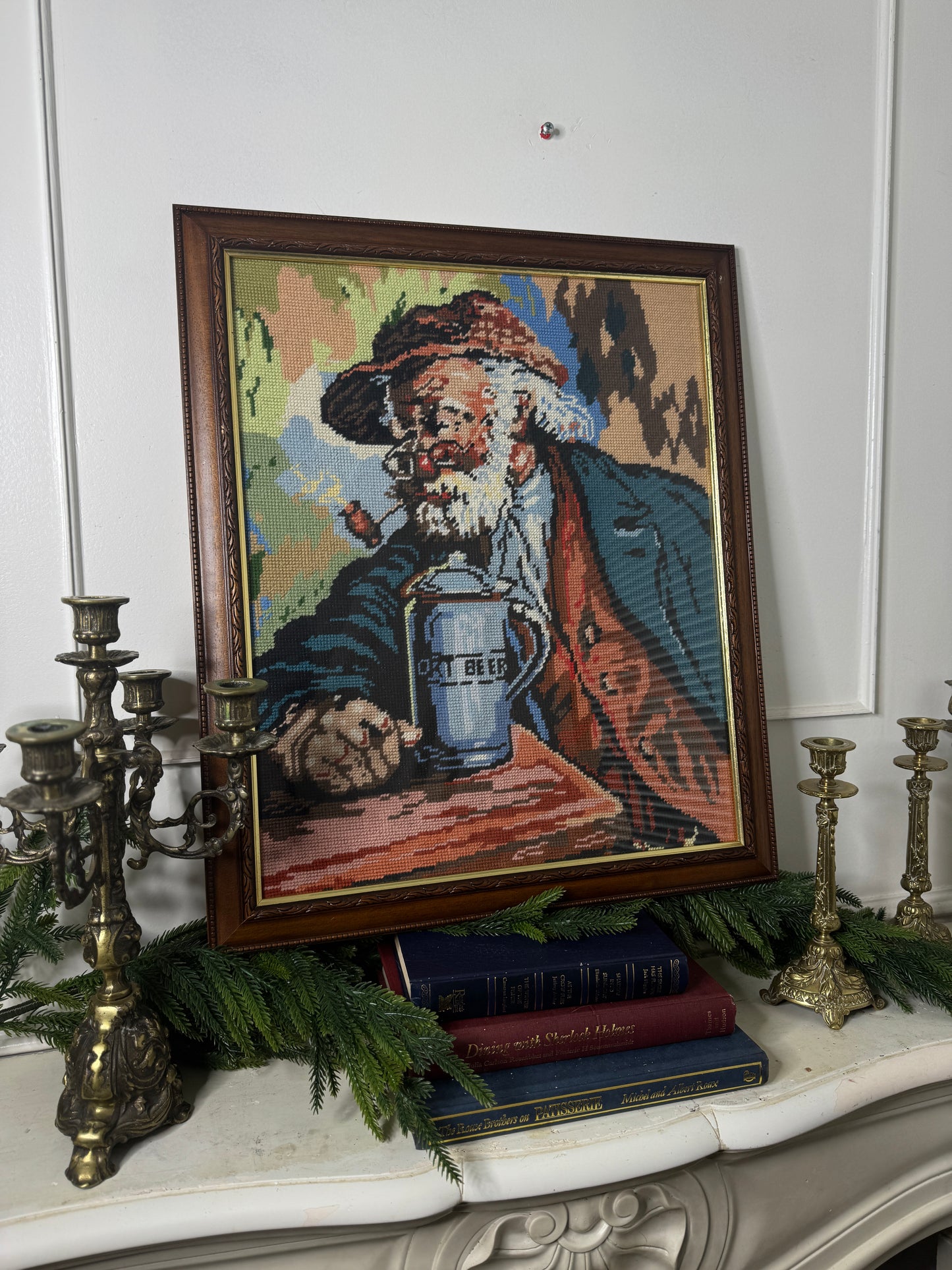 Hand-Stitched Gobelin Embroidery Art – Portrait of an Old Man with Beer