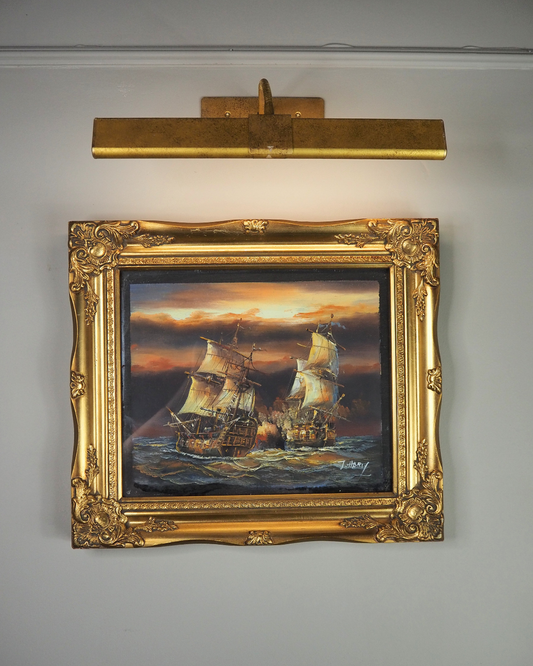 J. Harvey Naval Battle Oil Painting – Vintage Maritime Warship Art