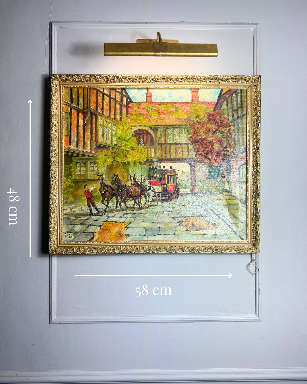 Original Vintage Oil Painting – English Coaching Inn Courtyard Scene by A. Calway '82
