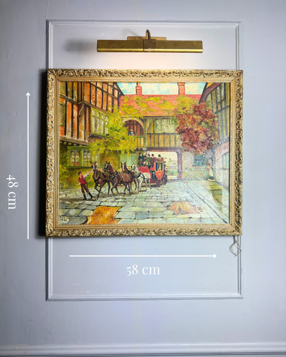 Original Vintage Oil Painting – English Coaching Inn Courtyard Scene by A. Calway '82