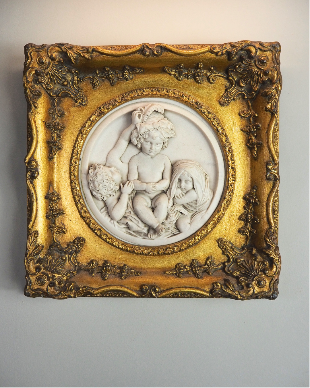 Cherubs in Marble– Antique Stone Relief In an Ornate Gilt Frame
