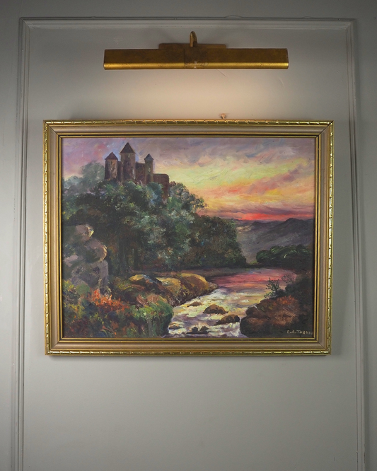 Vintage Medieval Castle River Scene Oil Painting by F.A. Turner