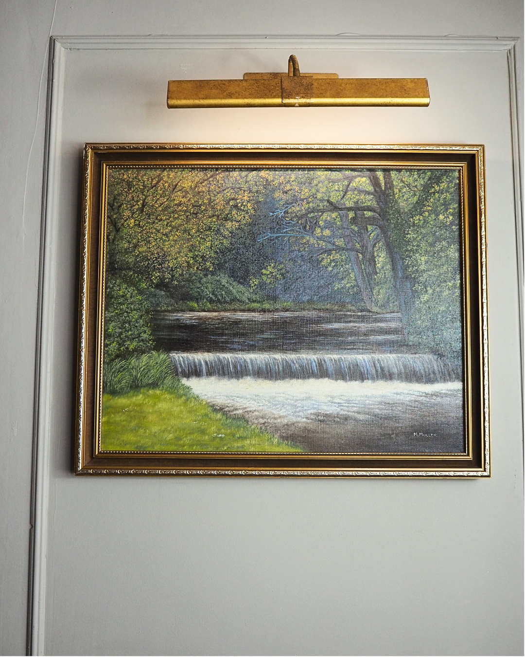 Vintage Dark Forest Water Scene – Signed by M. Mullen Oil Painting