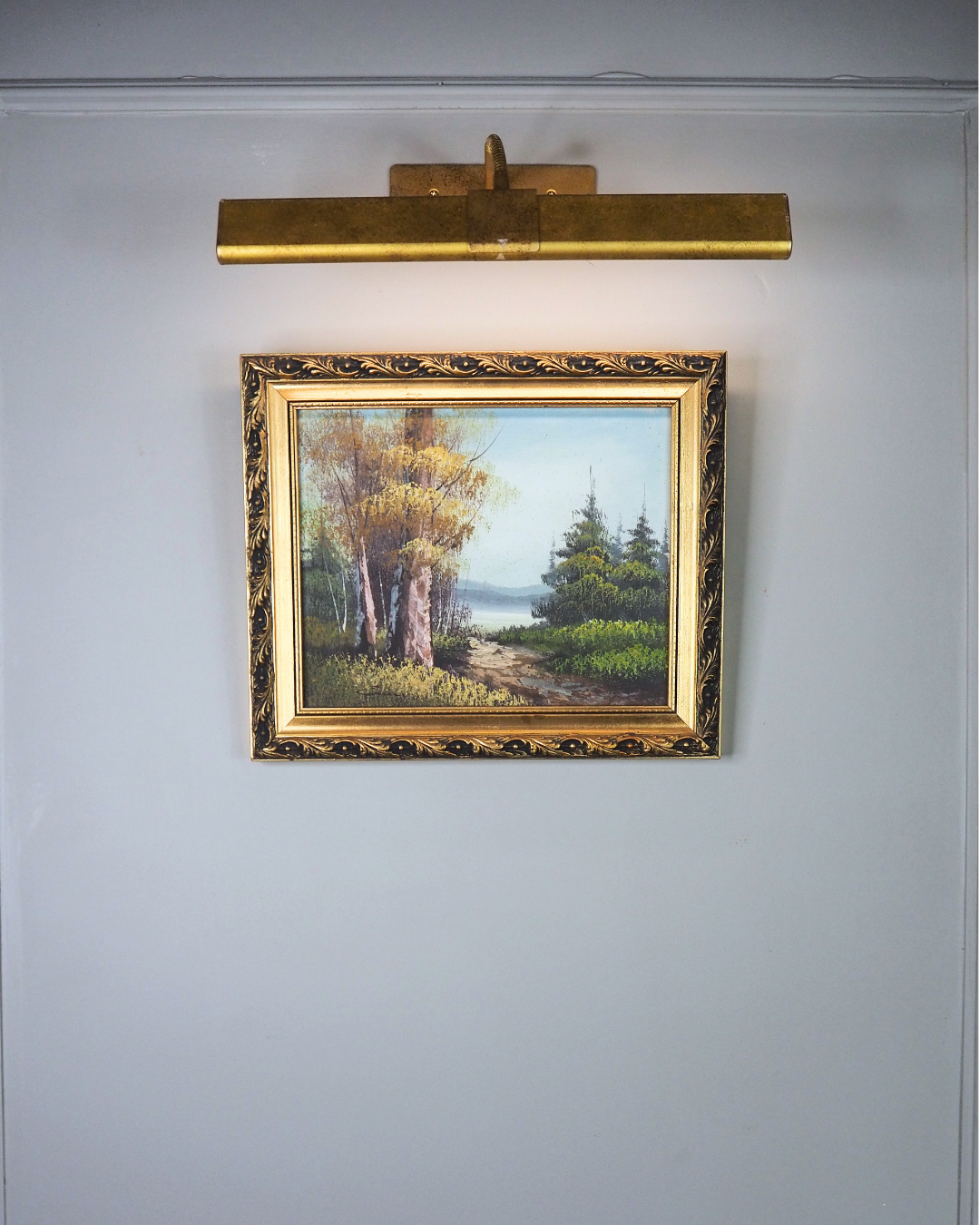 Mid Century Oil Painting – Signed Landscape with Trees by the Lake