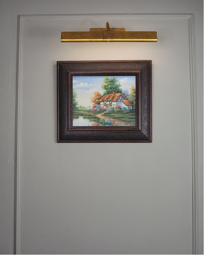 Vintage English Country Cottage Oil Painting – Rustic Framed Landscape