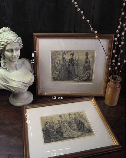 Pair of Antique French Fashion Engraved Newspaper Prints -Paris Couture Wall Art