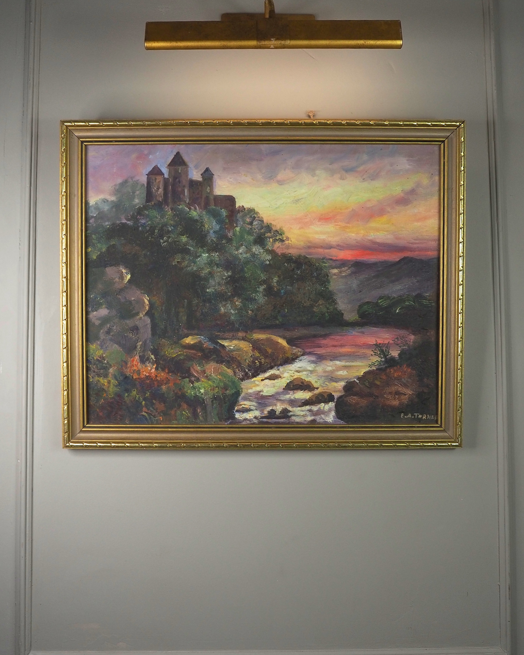 Vintage Medieval Castle River Scene Oil Painting by F.A. Turner