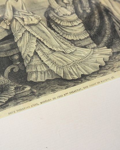 Pair of Antique French Fashion Engraved Newspaper Prints -Paris Couture Wall Art