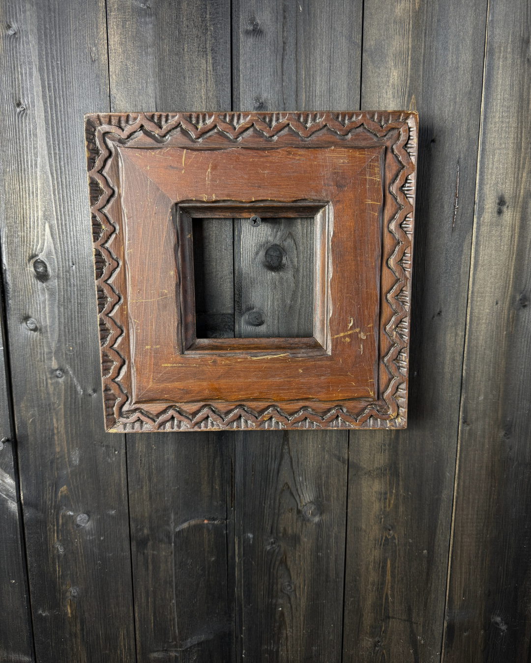 Vintage Folk Carved Wooden Frame – Rustic European Chip Carving