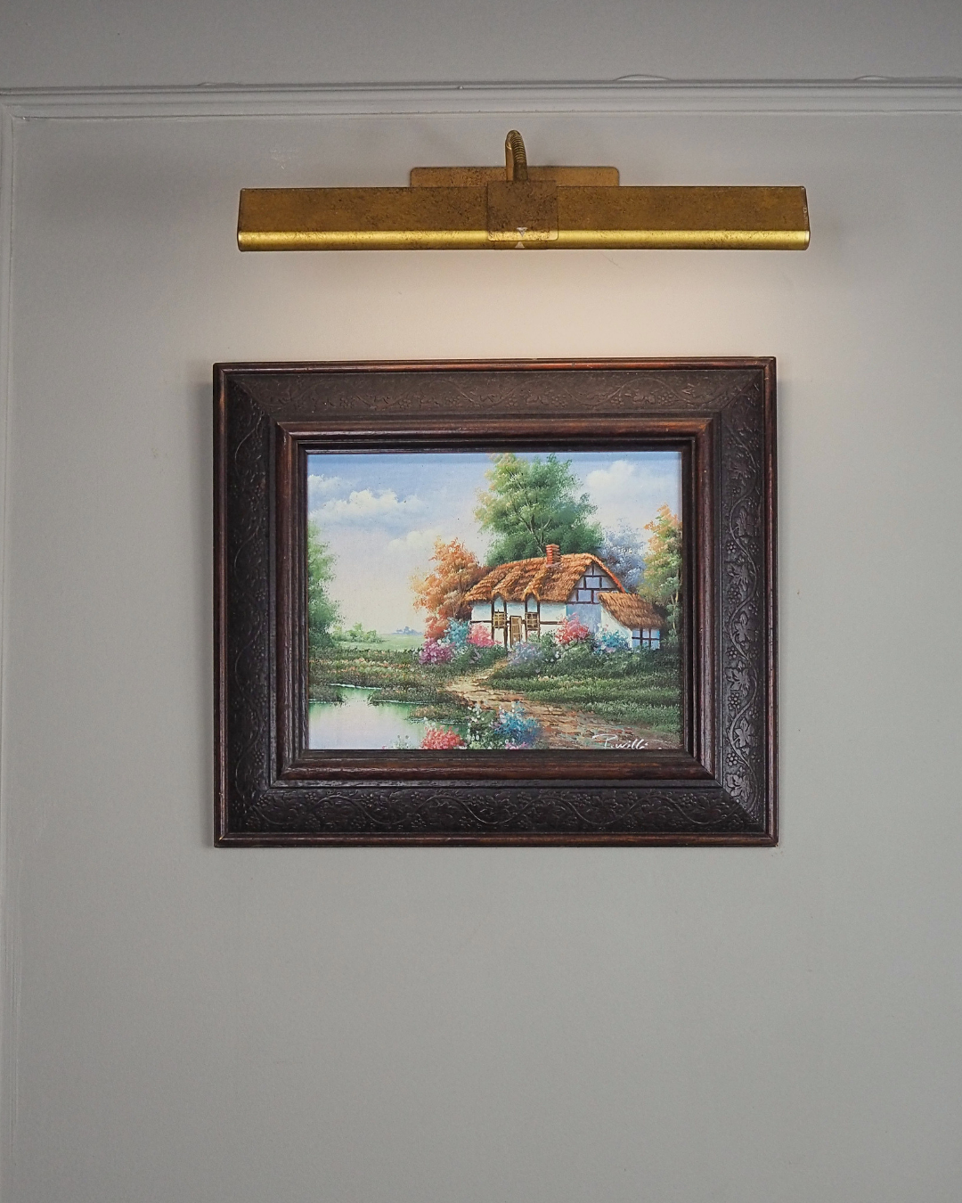 Vintage English Country Cottage Oil Painting – Rustic Framed Landscape