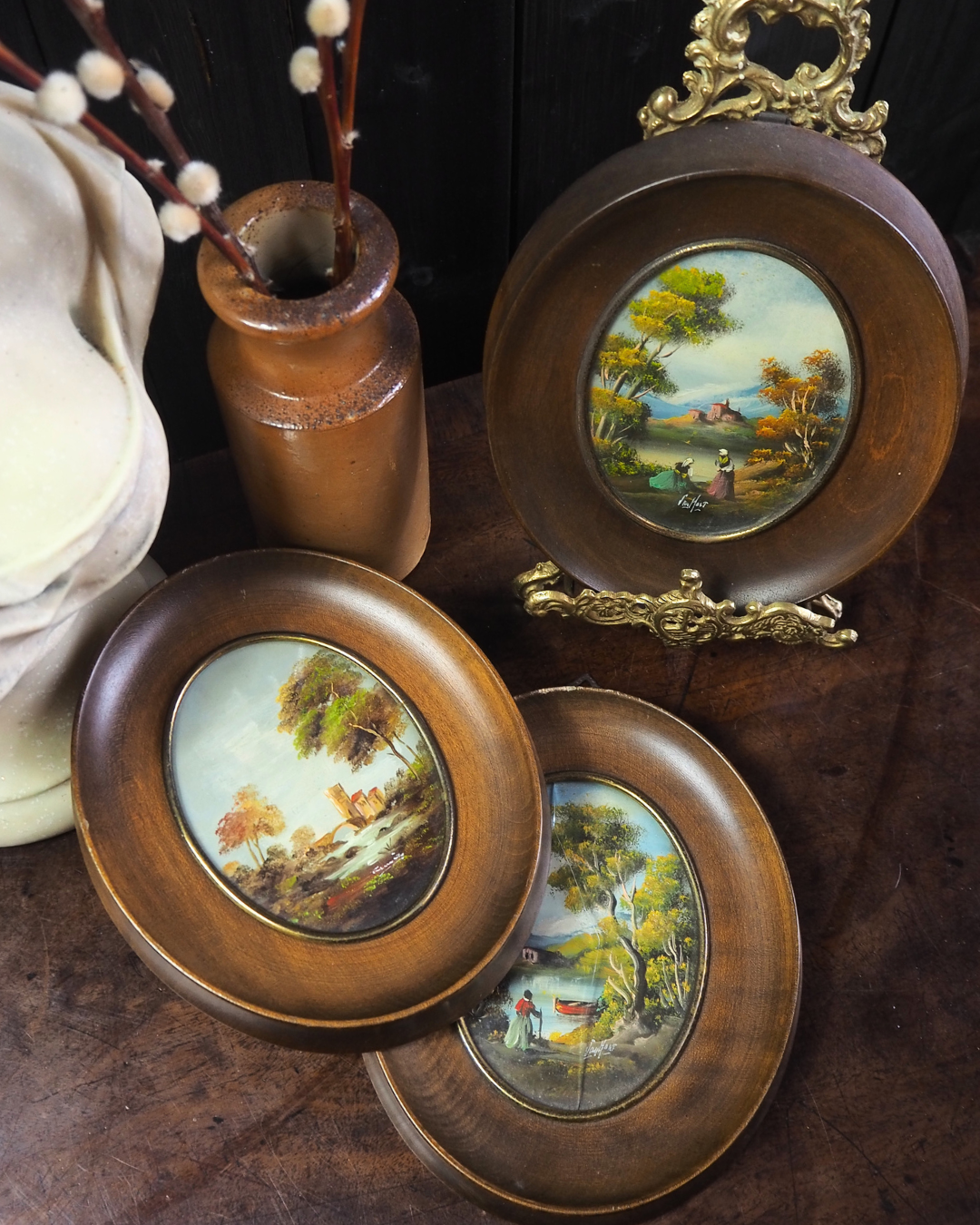 Vintage Van Holt Miniature Oil Paintings – Italian 1950-1960s Domed Glass