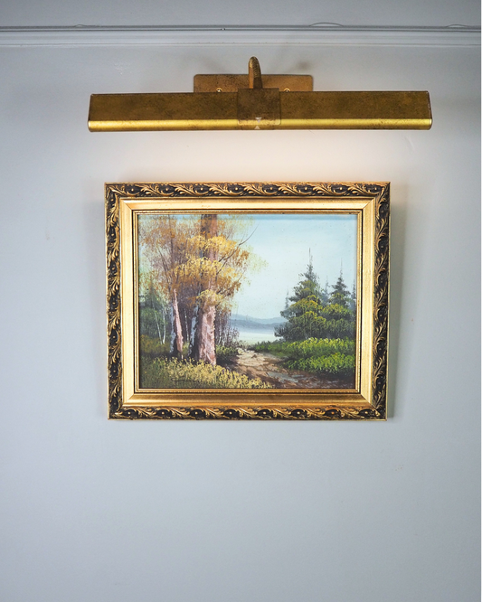 Mid Century Oil Painting – Signed Landscape with Trees by the Lake