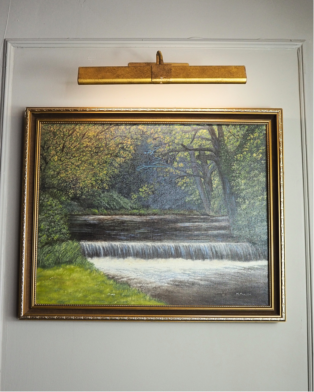 Vintage Dark Forest Water Scene – Signed by M. Mullen Oil Painting
