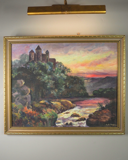 Vintage Medieval Castle River Scene Oil Painting by F.A. Turner