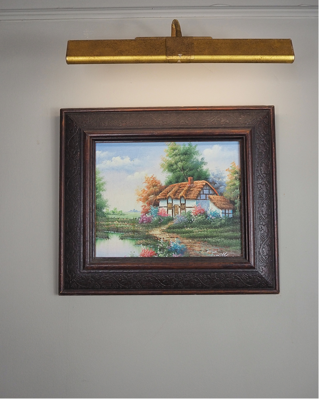 Vintage English Country Cottage Oil Painting – Rustic Framed Landscape