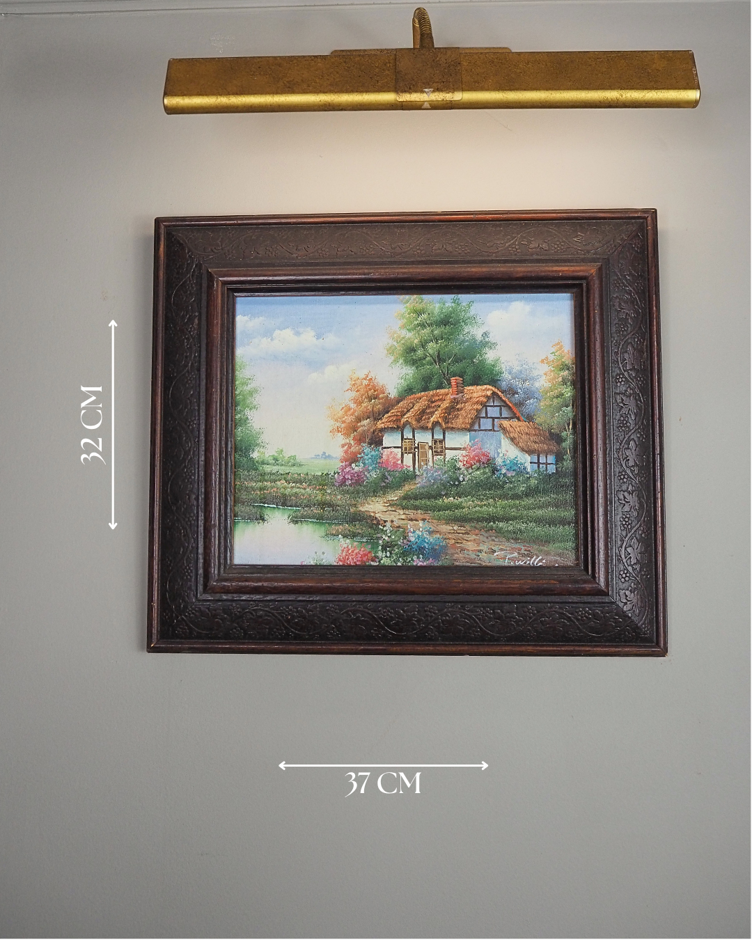 Vintage English Country Cottage Oil Painting – Rustic Framed Landscape