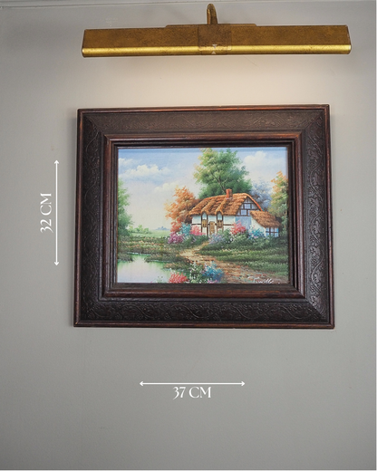 Vintage English Country Cottage Oil Painting – Rustic Framed Landscape