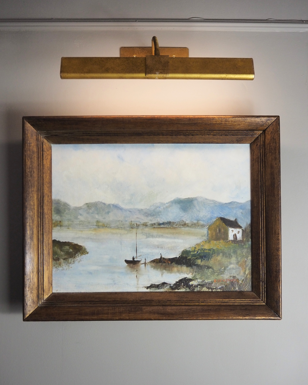 Vintage Rustic Oil Painting by E. Henstock in a Wooden Oak Picture Frame