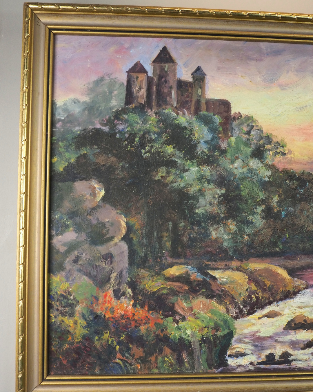 Vintage Medieval Castle River Scene Oil Painting by F.A. Turner