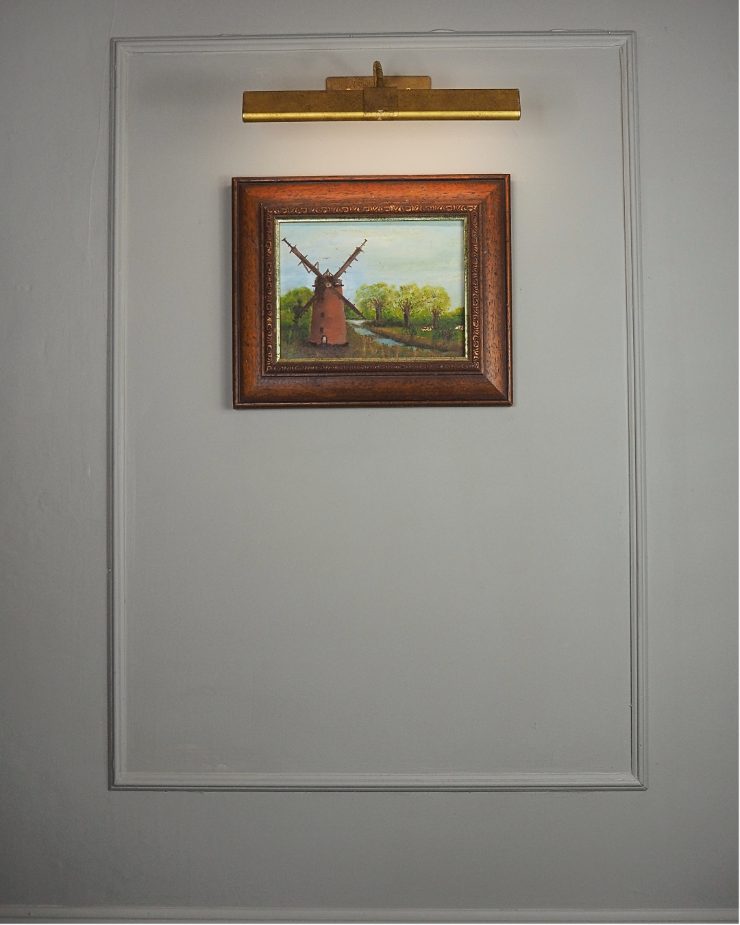 Vintage Oil Painting Windmill Landscape – Rural River Mill Scene