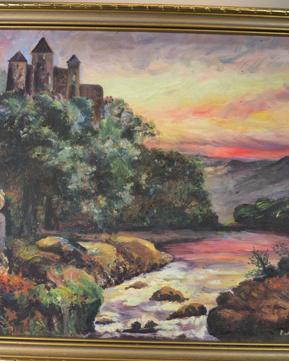 Vintage Medieval Castle River Scene Oil Painting by F.A. Turner
