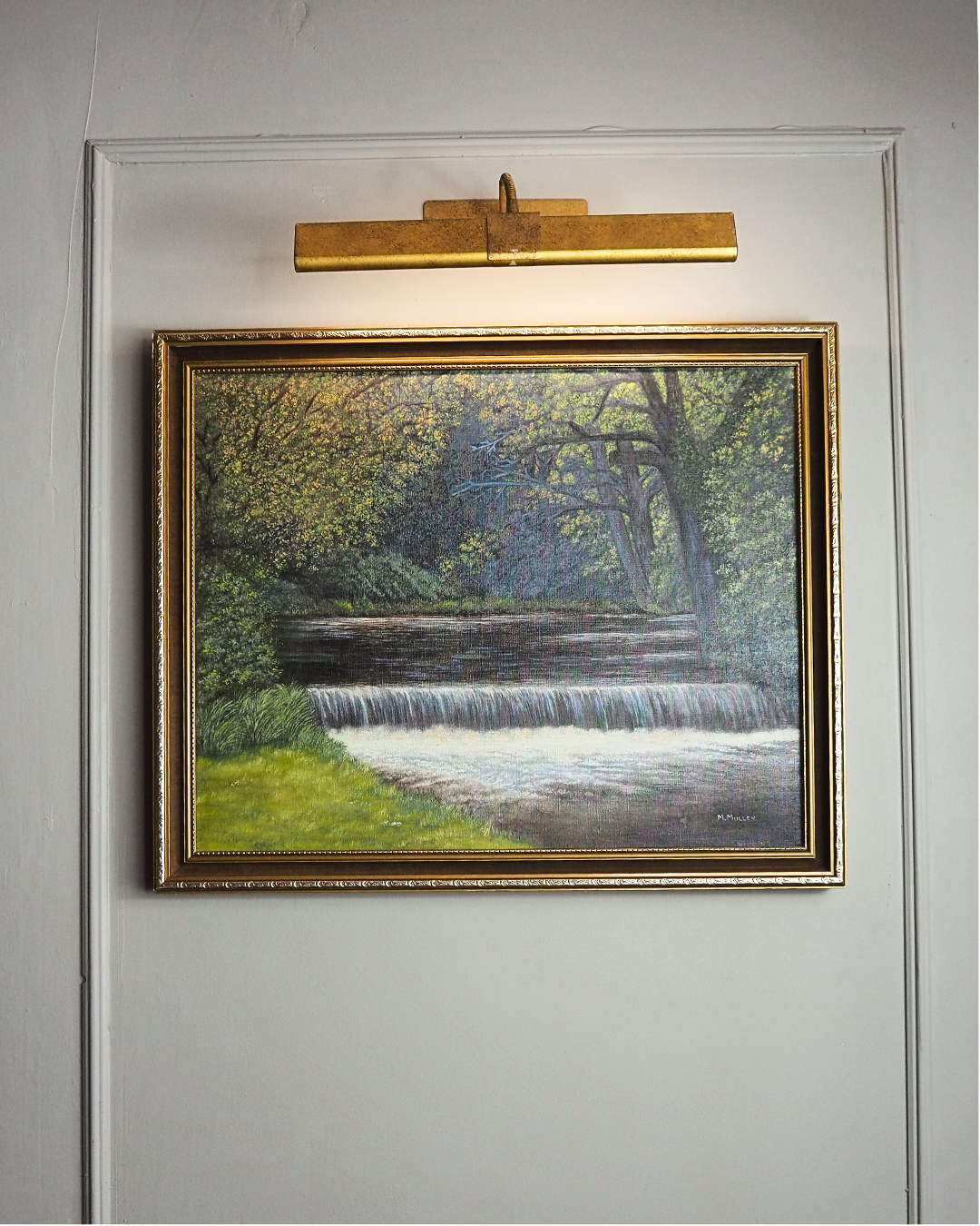Vintage Dark Forest Water Scene – Signed by M. Mullen Oil Painting