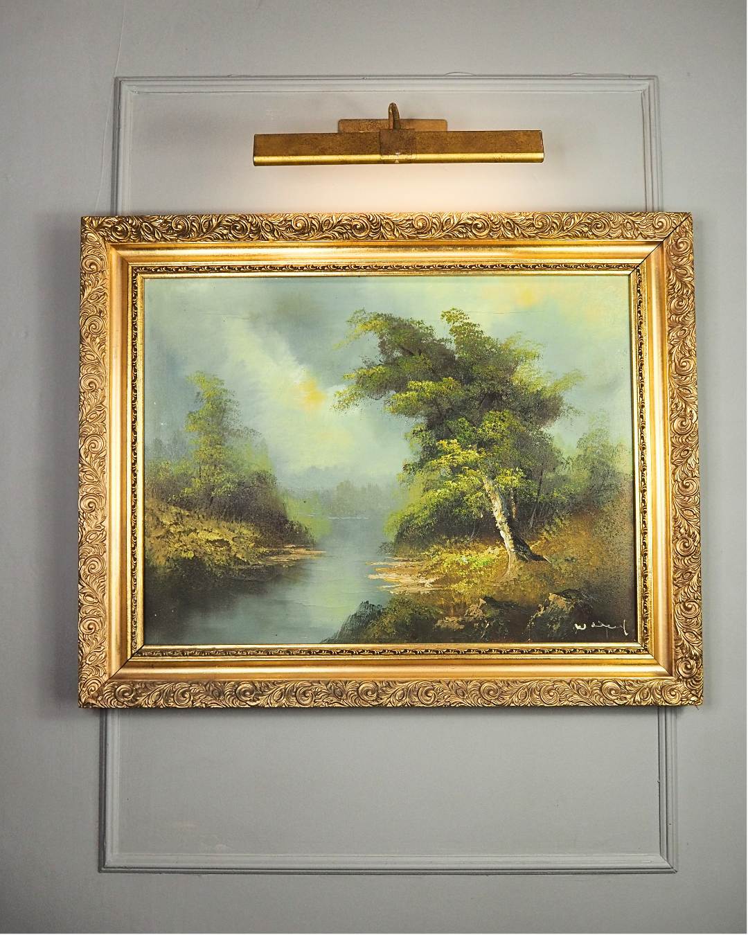Vintage Mid Century Riverscape Oil Painting in Ornate Gold Rococo Frame