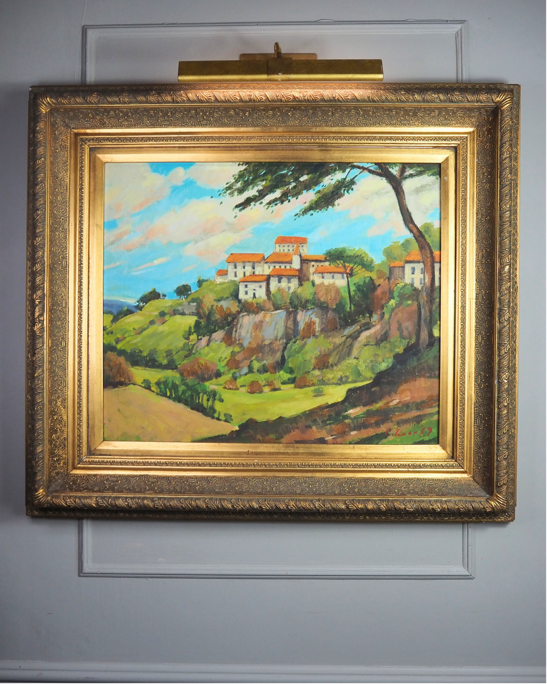 Large Vintage Oil Painting 1969 | Post-Impressionist Village Landscape Homeage  Paul Cézanne
