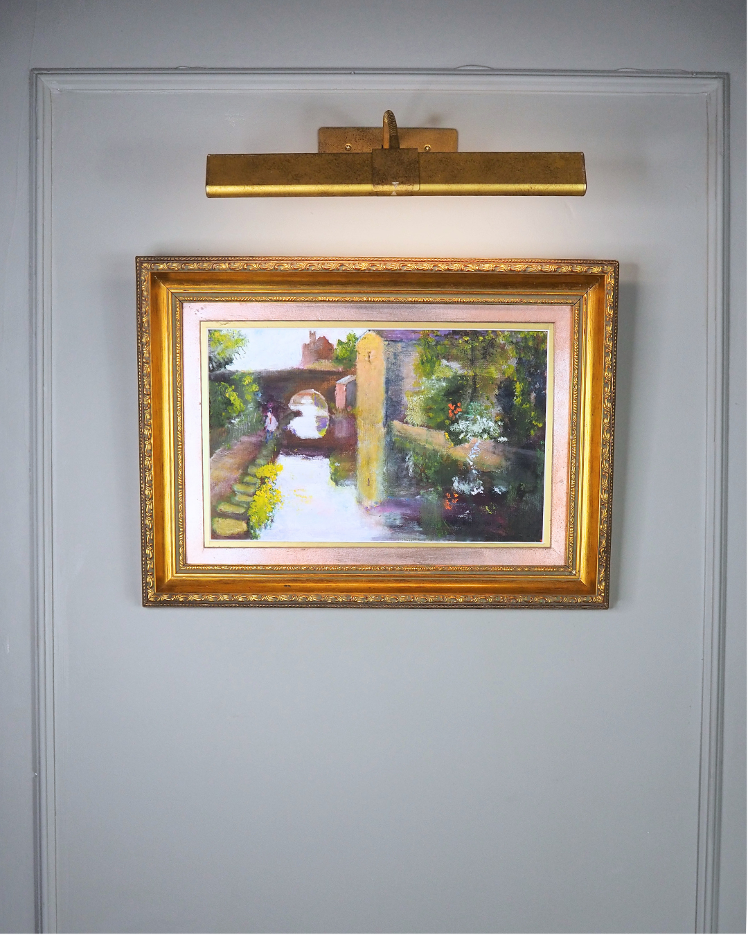 Original Oil Painting “Canal Walk” by J. Morris in Gilt Frame