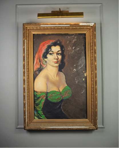 Vintage Gypsy Girl Portrait Oil Painting in Large Ornate Gold Frame