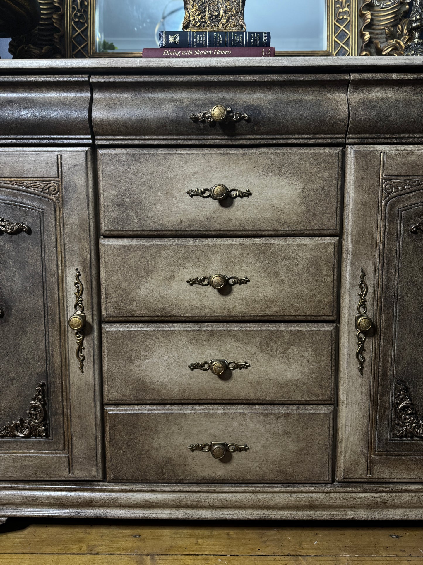 Vintage French-Inspired Upcycled Sideboard | Heavily Distressed 7-Drawer + 2 Cabinet Buffet with Original Brass Handles