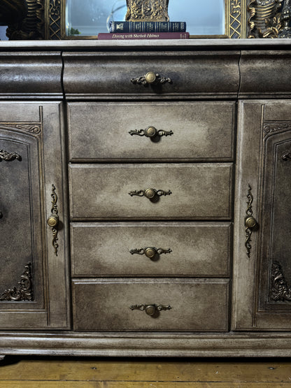 Vintage French-Inspired Upcycled Sideboard | Heavily Distressed 7-Drawer + 2 Cabinet Buffet with Original Brass Handles