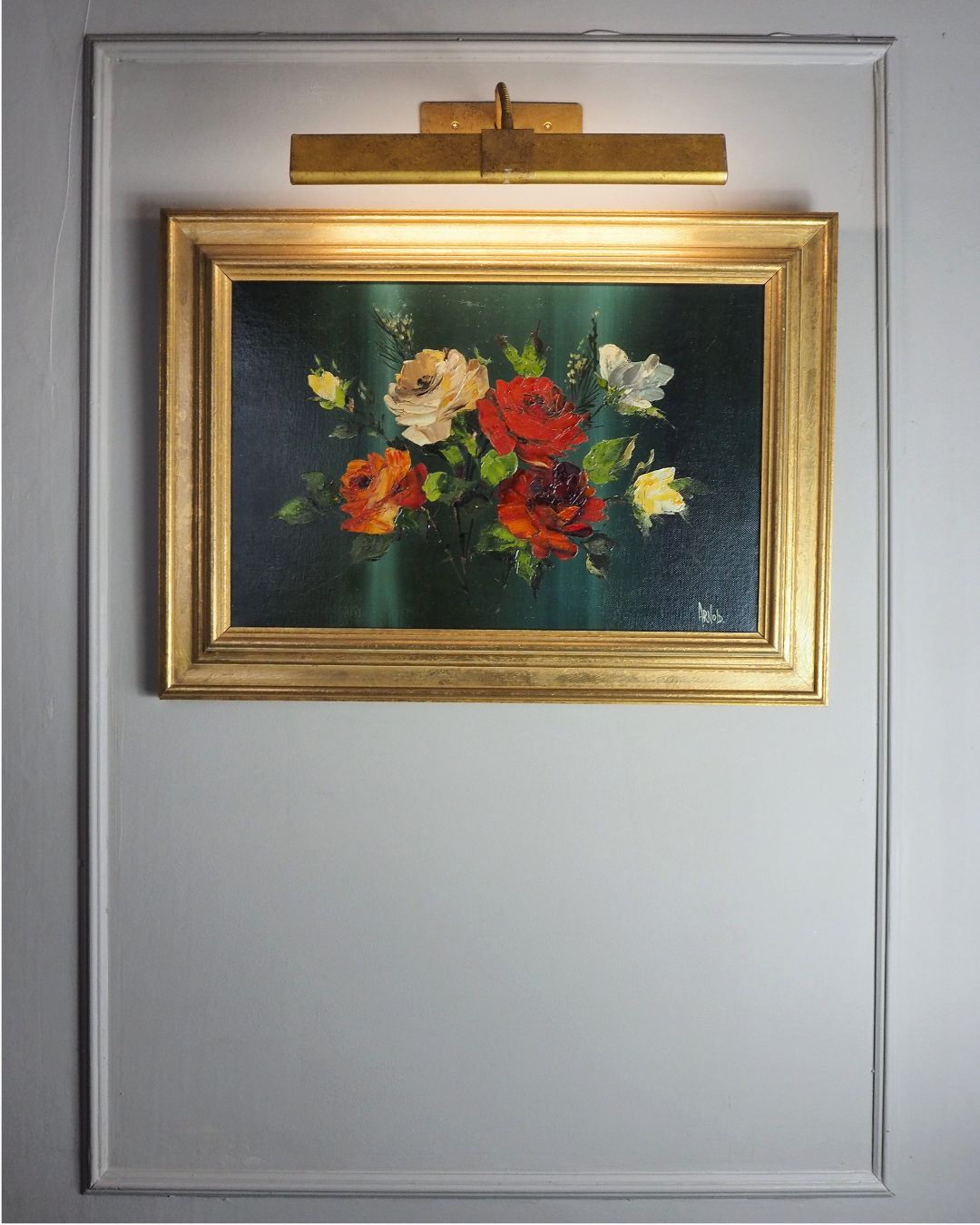 Vintage Dark Green Floral Display Oil Painting by Arnold in Gold Frame