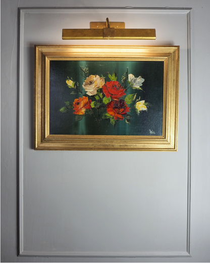 Vintage Dark Green Floral Display Oil Painting by Arnold in Gold Frame
