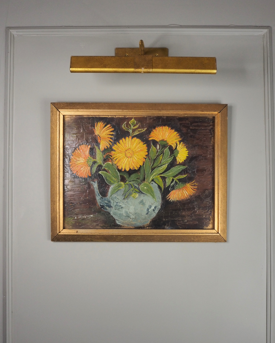Vintage Yellow Flowers Oil Painting by E. Henstock: Gilt Gold Frame