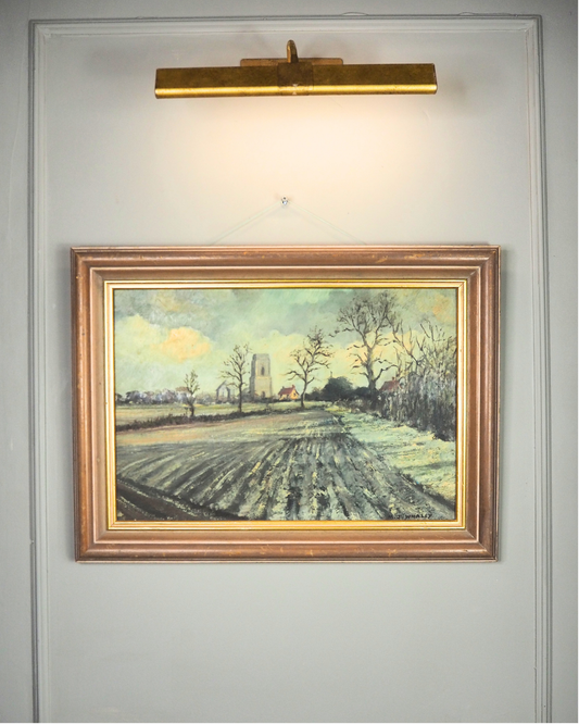 Vintage Pastoral Landscape Oil Painting – Framed Rural Village Scene