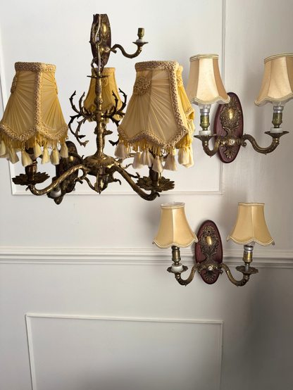 Vintage French Louis Style Solid Brass Chandelier & Wall Lights Set – 5 Arm Ceiling Light