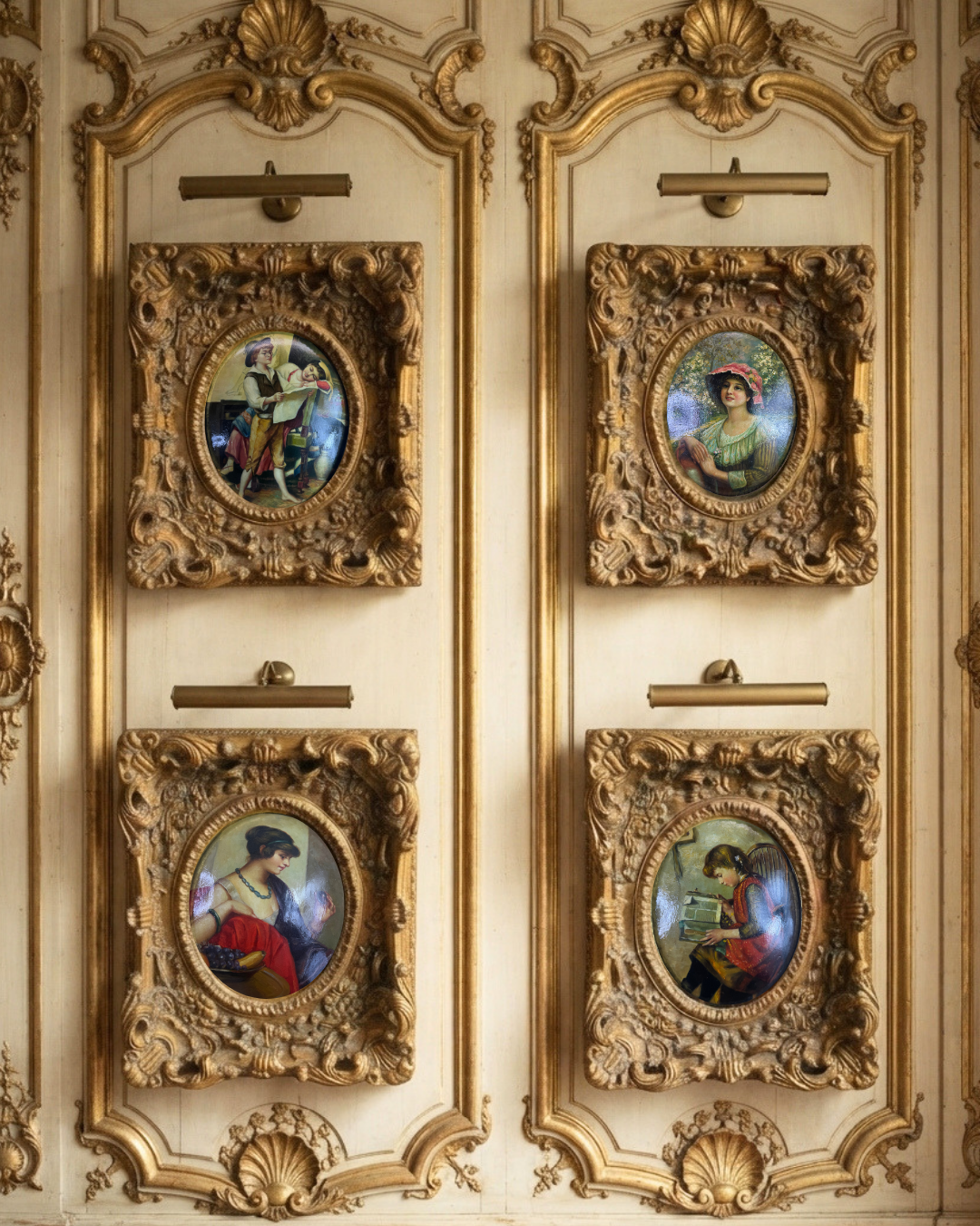 Antique 19th Century Oil Paintings – Rococo Gesso Frames, Convex Wood Panels